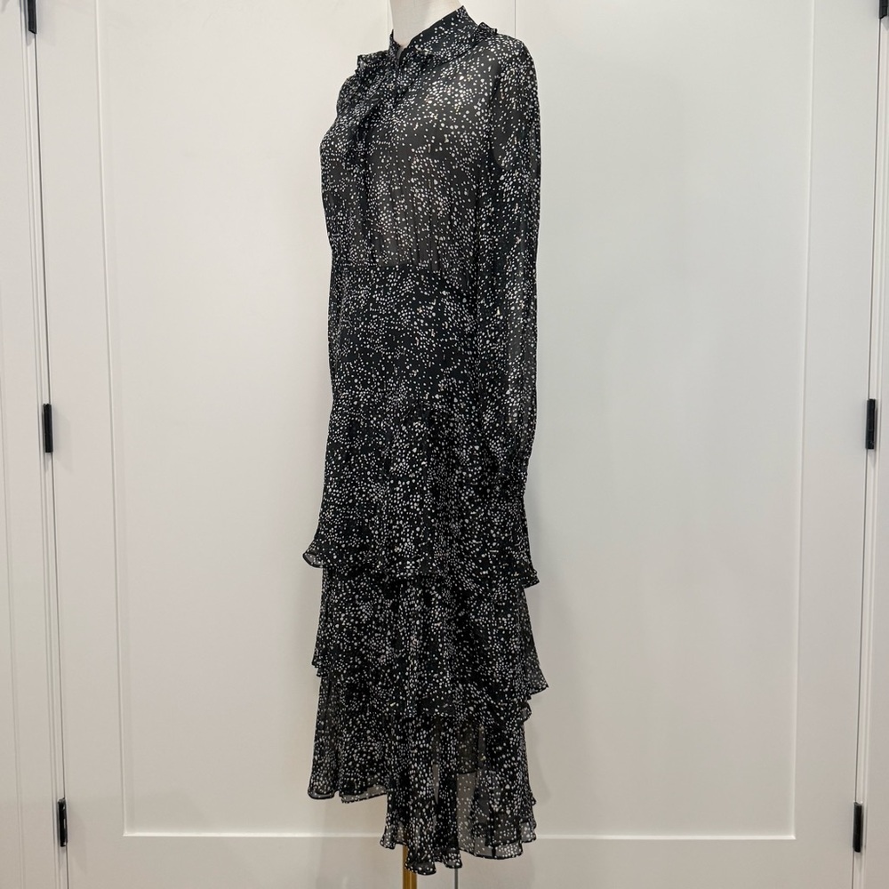 Maje Tiered Printed Metallic Fil Coupé Midi Dress 38 Medium Black Silk Wedding - Picture 8 of 16